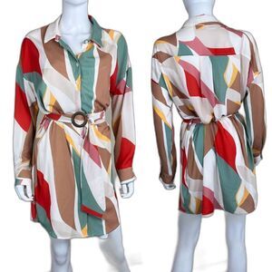 Vici Women's Size M Geometric Shirt Mini Dress Belted Blouse Button Down Art